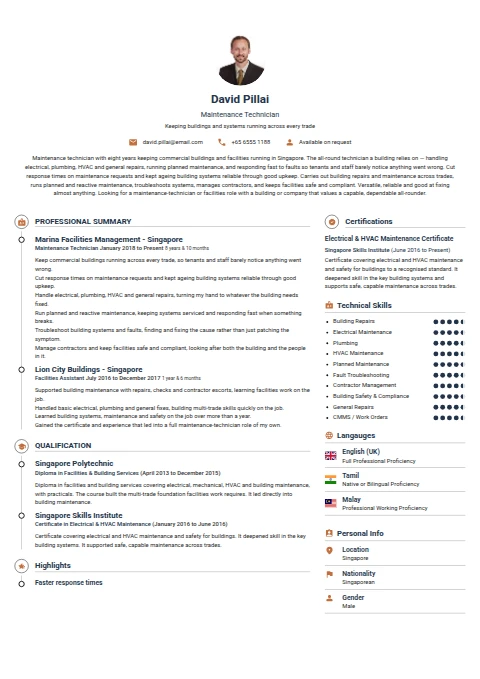 Maintenance Technician resume example — a professionally formatted Maintenance/Repair CV sample