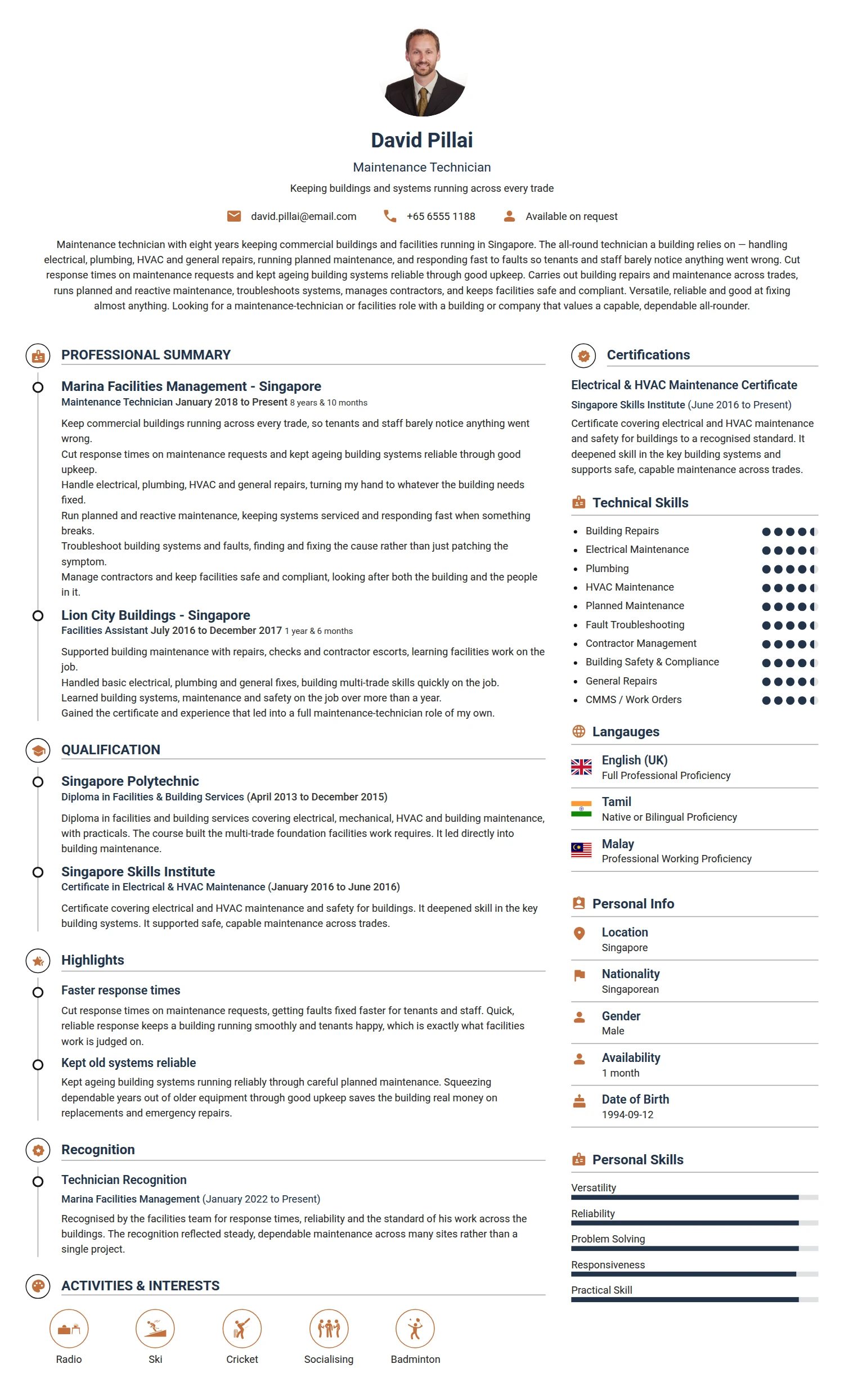 Maintenance Technician resume example — a professionally formatted Maintenance/Repair CV sample