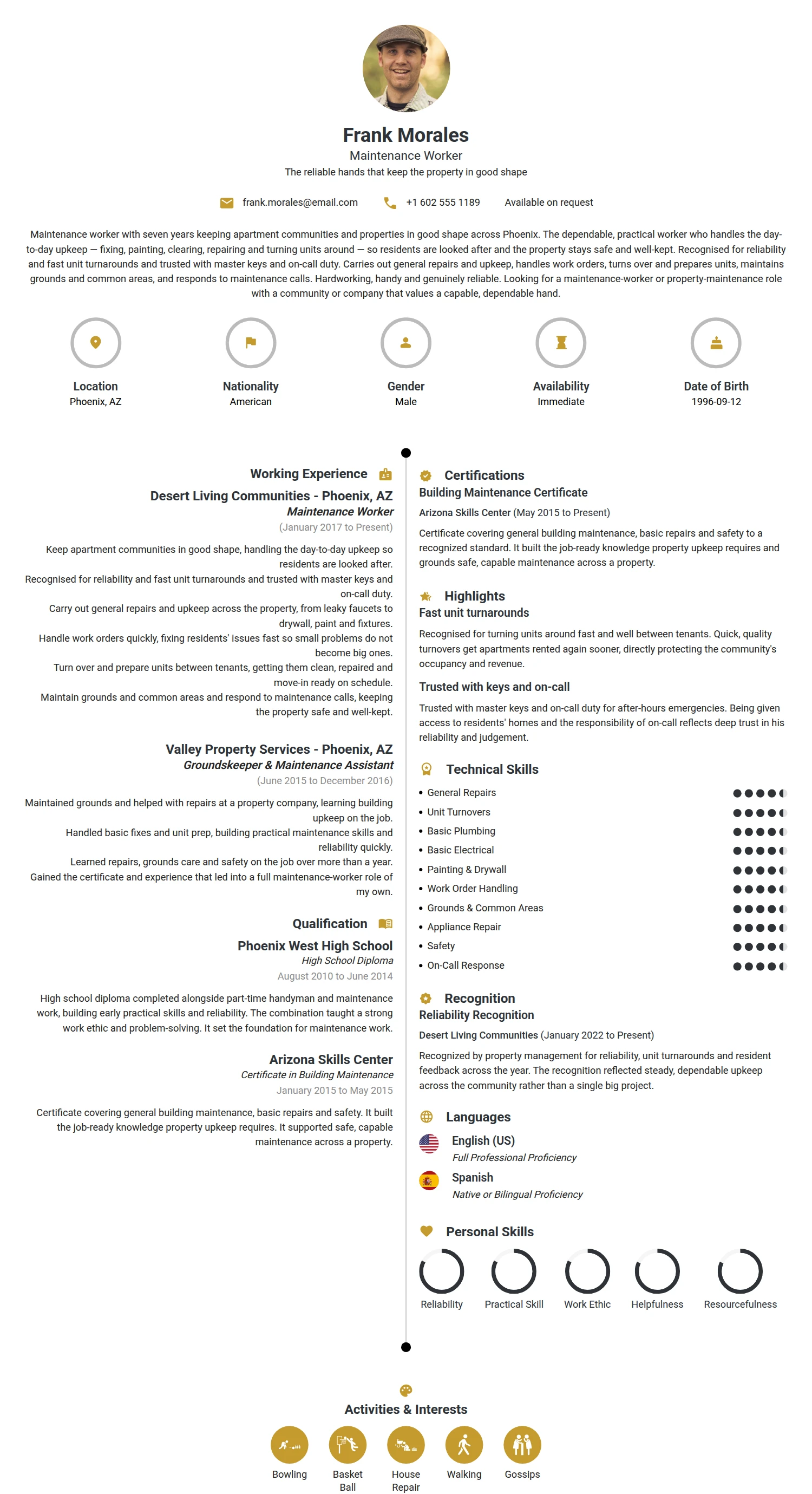 Maintenance Worker resume example — a professionally formatted Maintenance/Repair CV sample