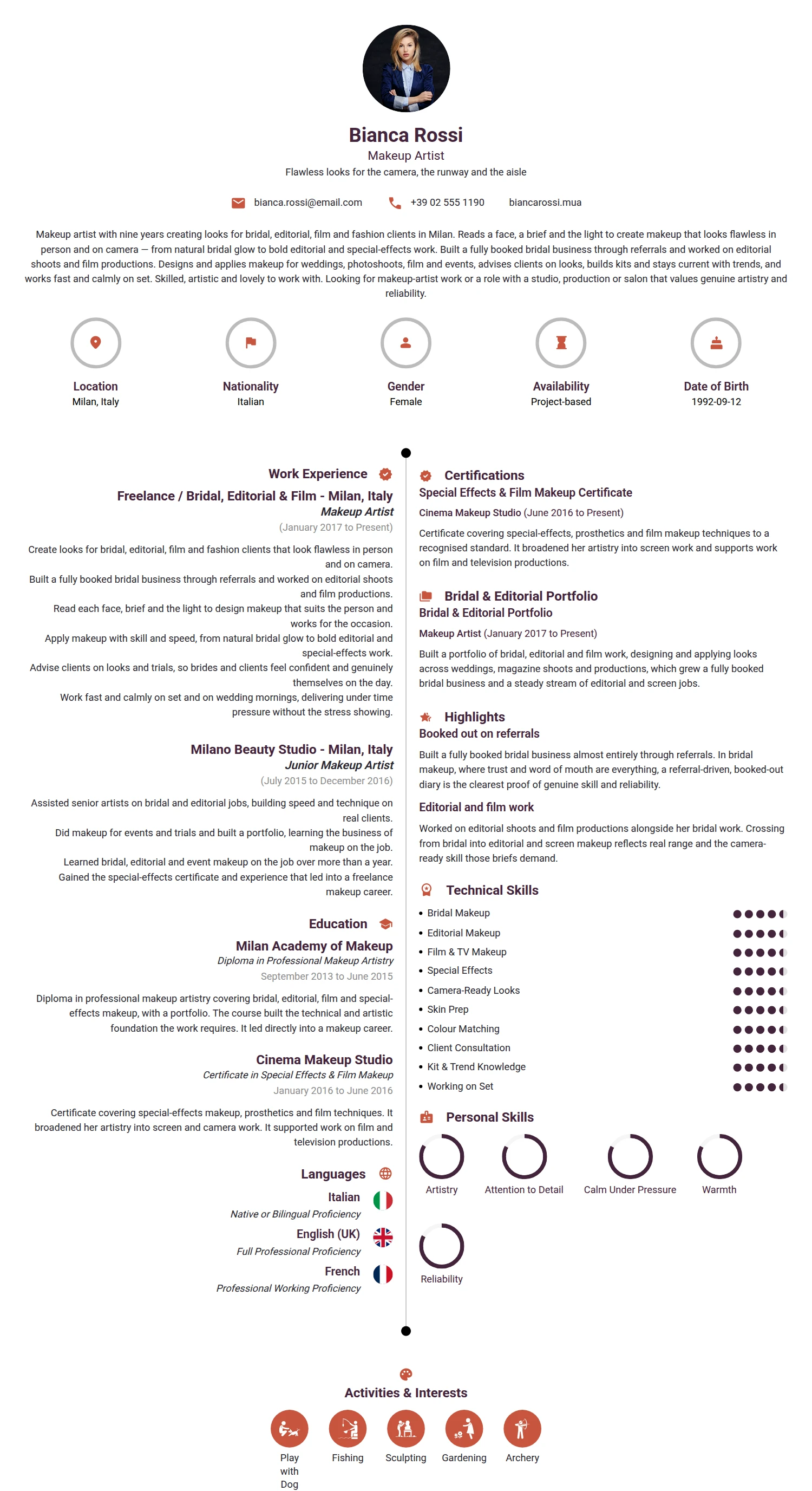 Makeup Artist resume example — a professionally formatted Art/Creative/Design CV sample