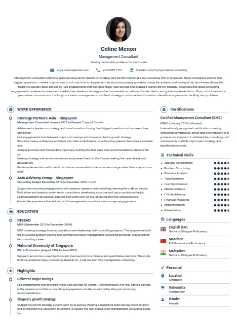 Management Consultant resume example