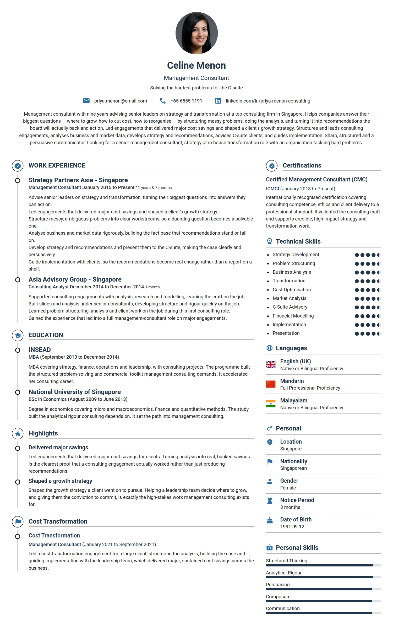 Management Consultant resume example — a professionally formatted Business Management CV sample