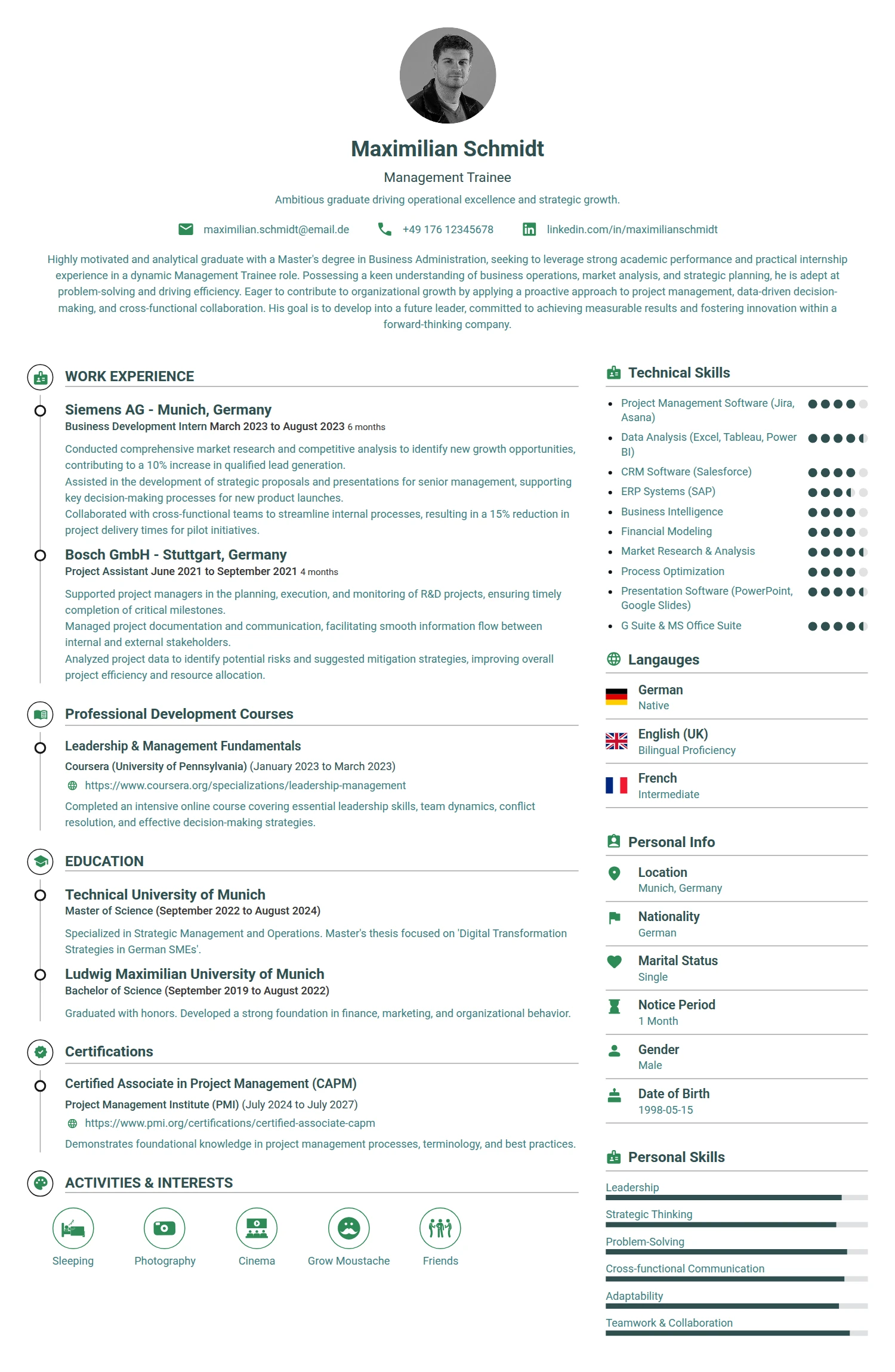 Management Trainee resume example — a professionally formatted Business Management CV sample