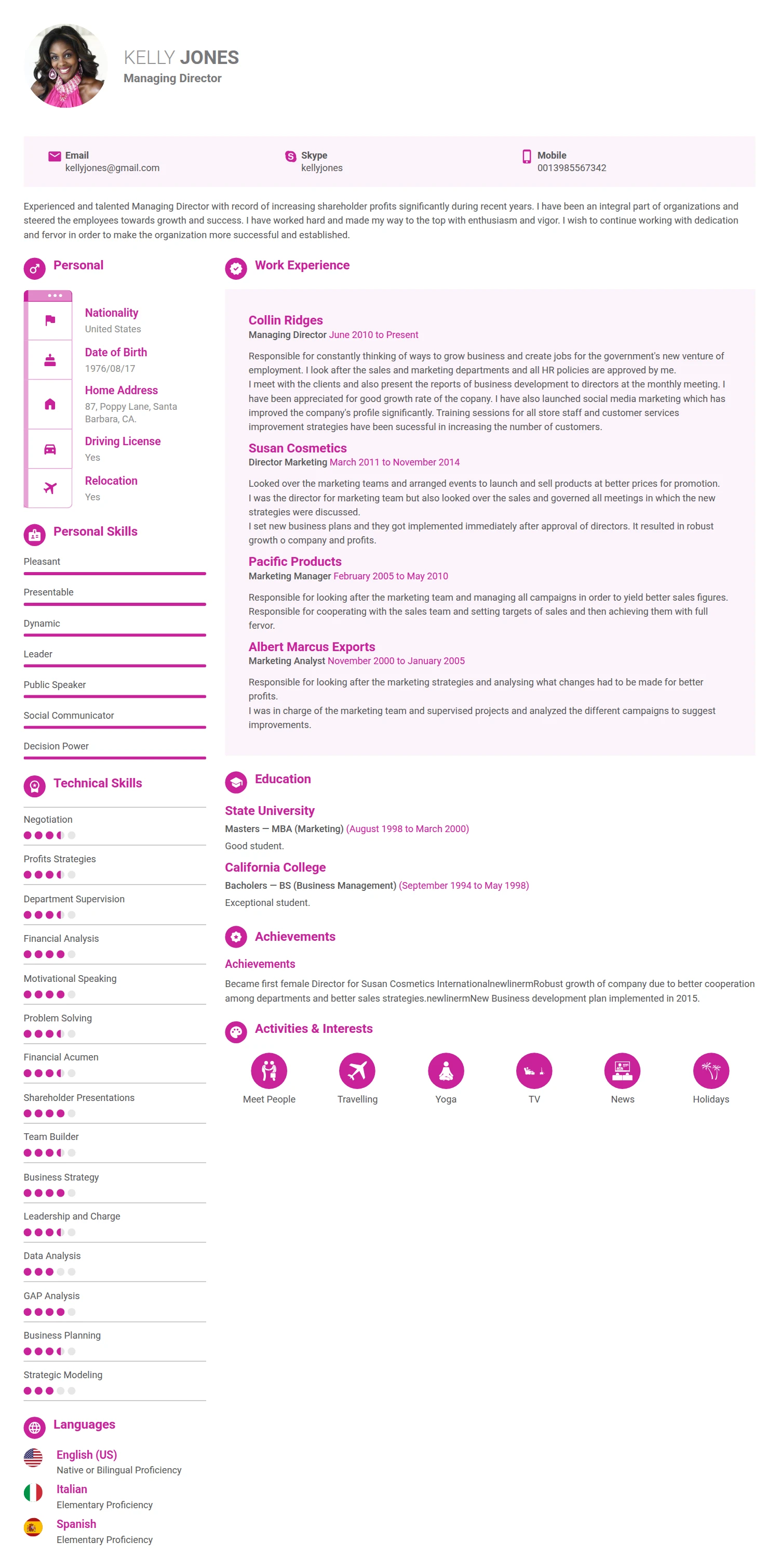 Managing Director resume example — a professionally formatted Business Management CV sample