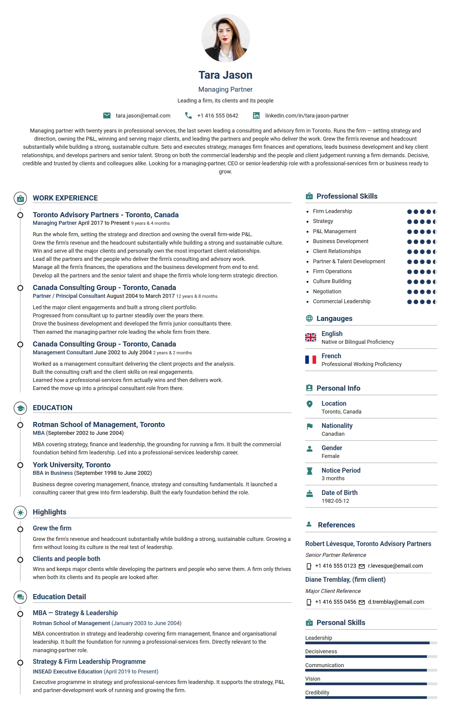 Managing Partner resume example — a professionally formatted Business Management CV sample