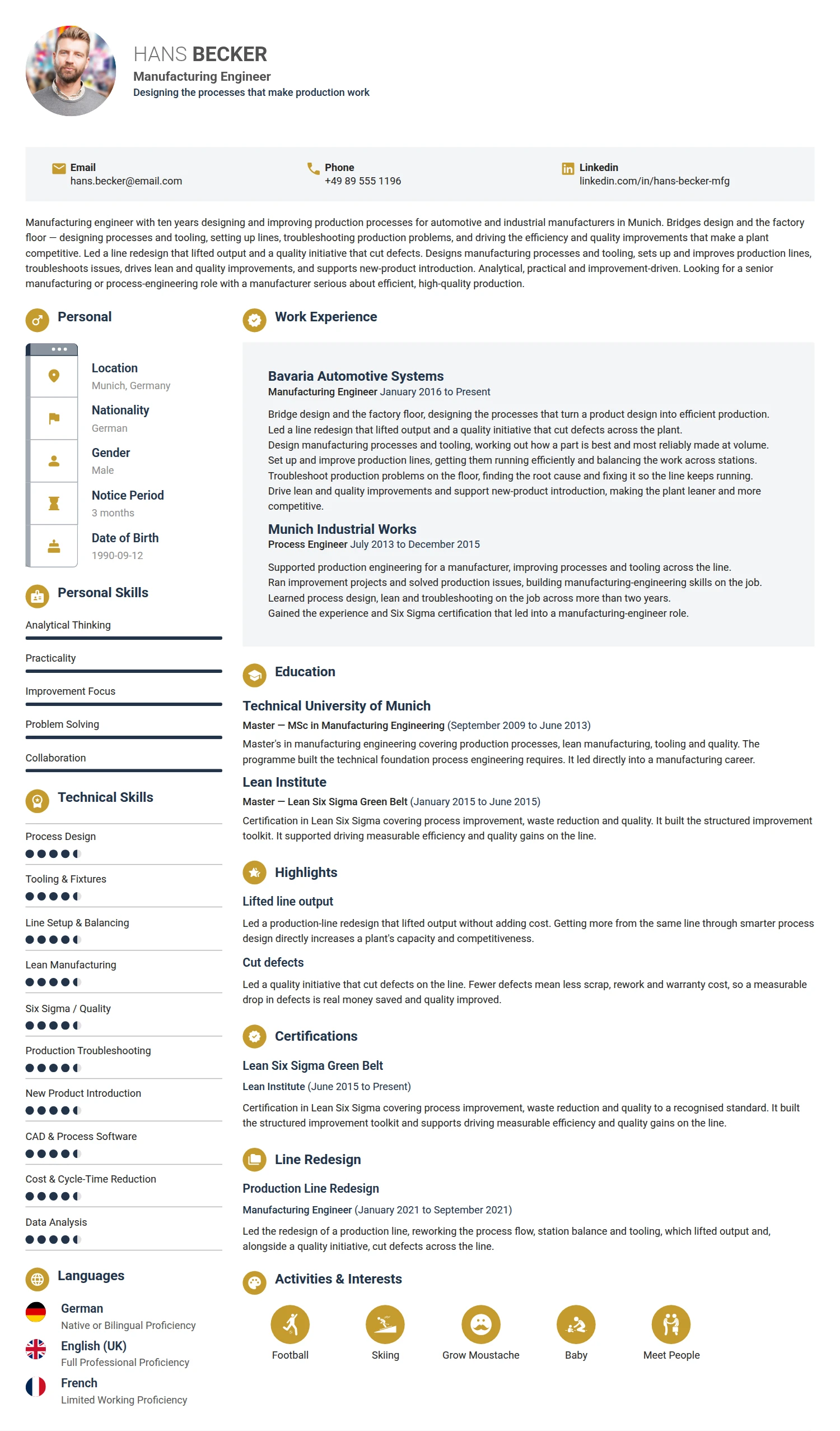 Manufacturing Engineer resume example — a professionally formatted Engineering CV sample