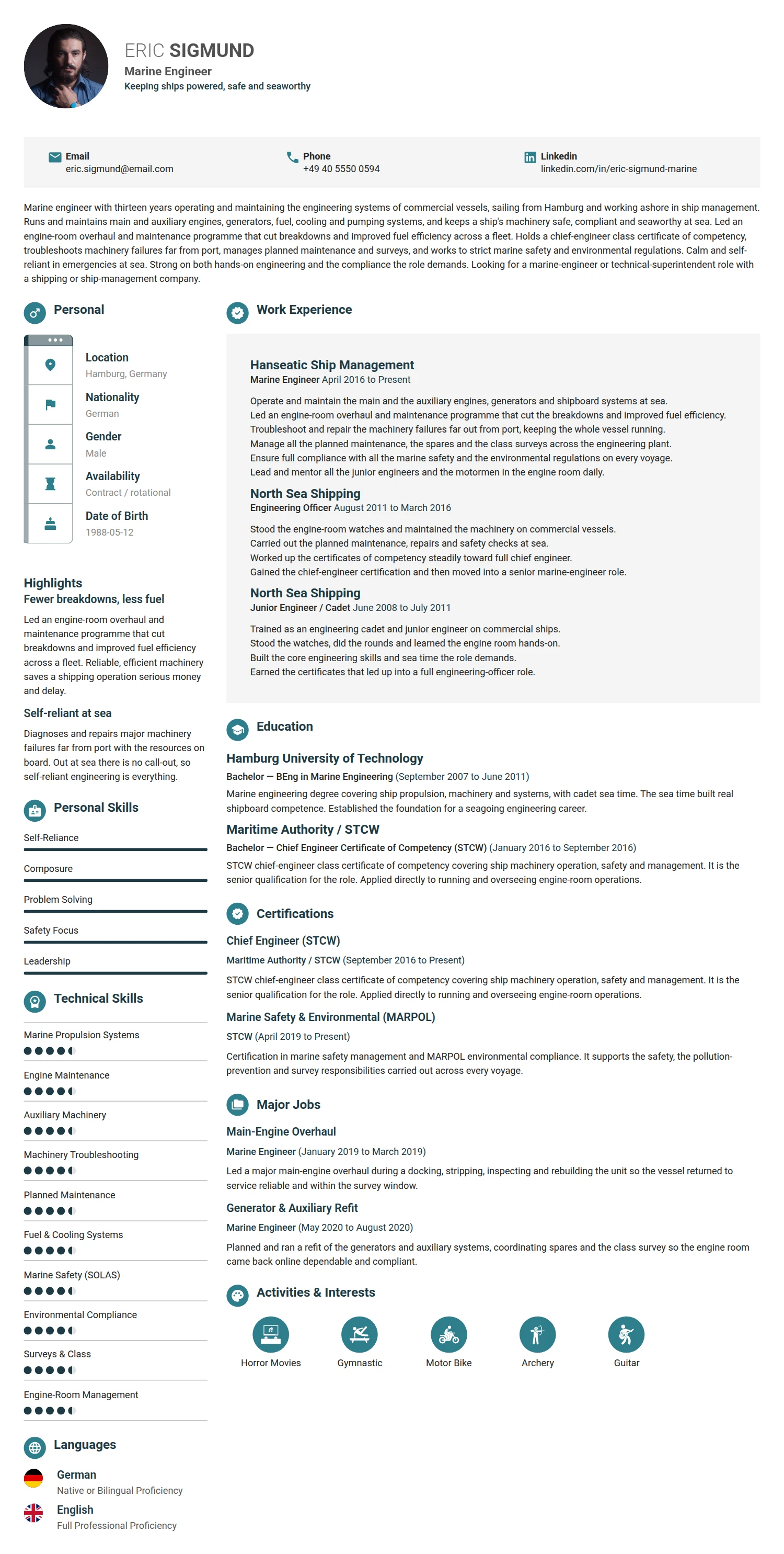 Marine Engineer resume example — a professionally formatted Engineering CV sample