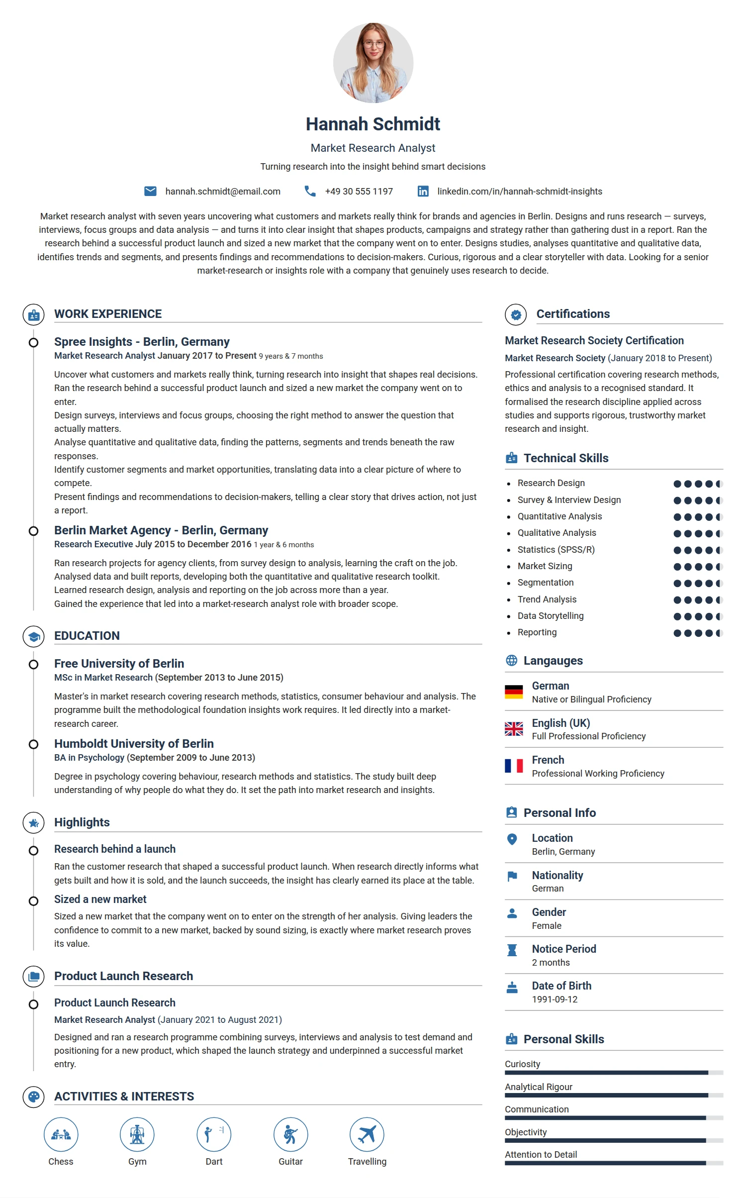 Market Research Analyst resume example — a professionally formatted Science & Research CV sample