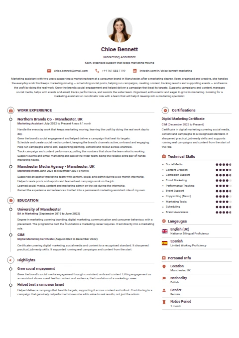 Marketing Assistant resume example — a professionally formatted Advertising/Marketing/PR CV sample