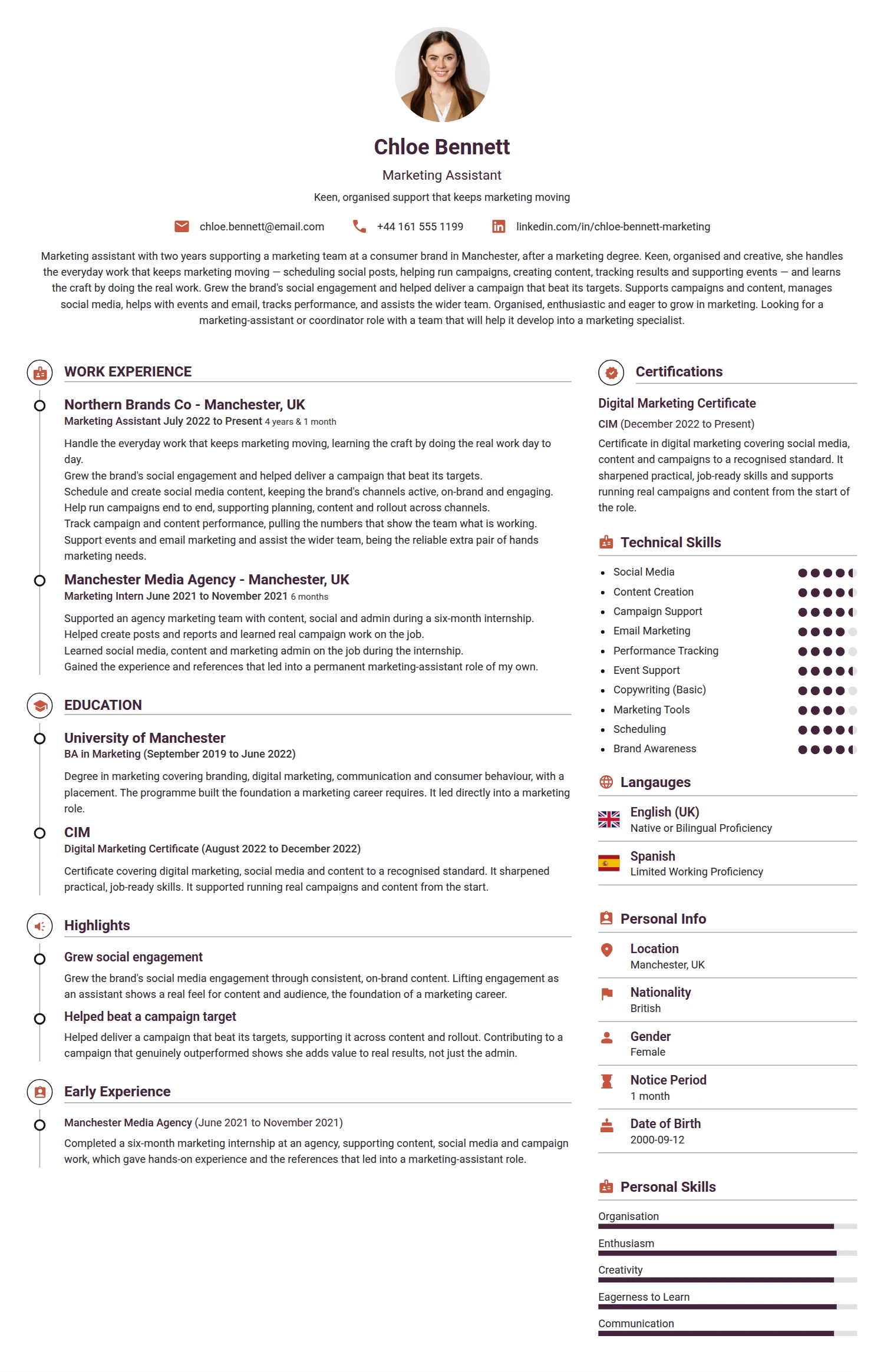 Marketing Assistant resume example — a professionally formatted Advertising/Marketing/PR CV sample