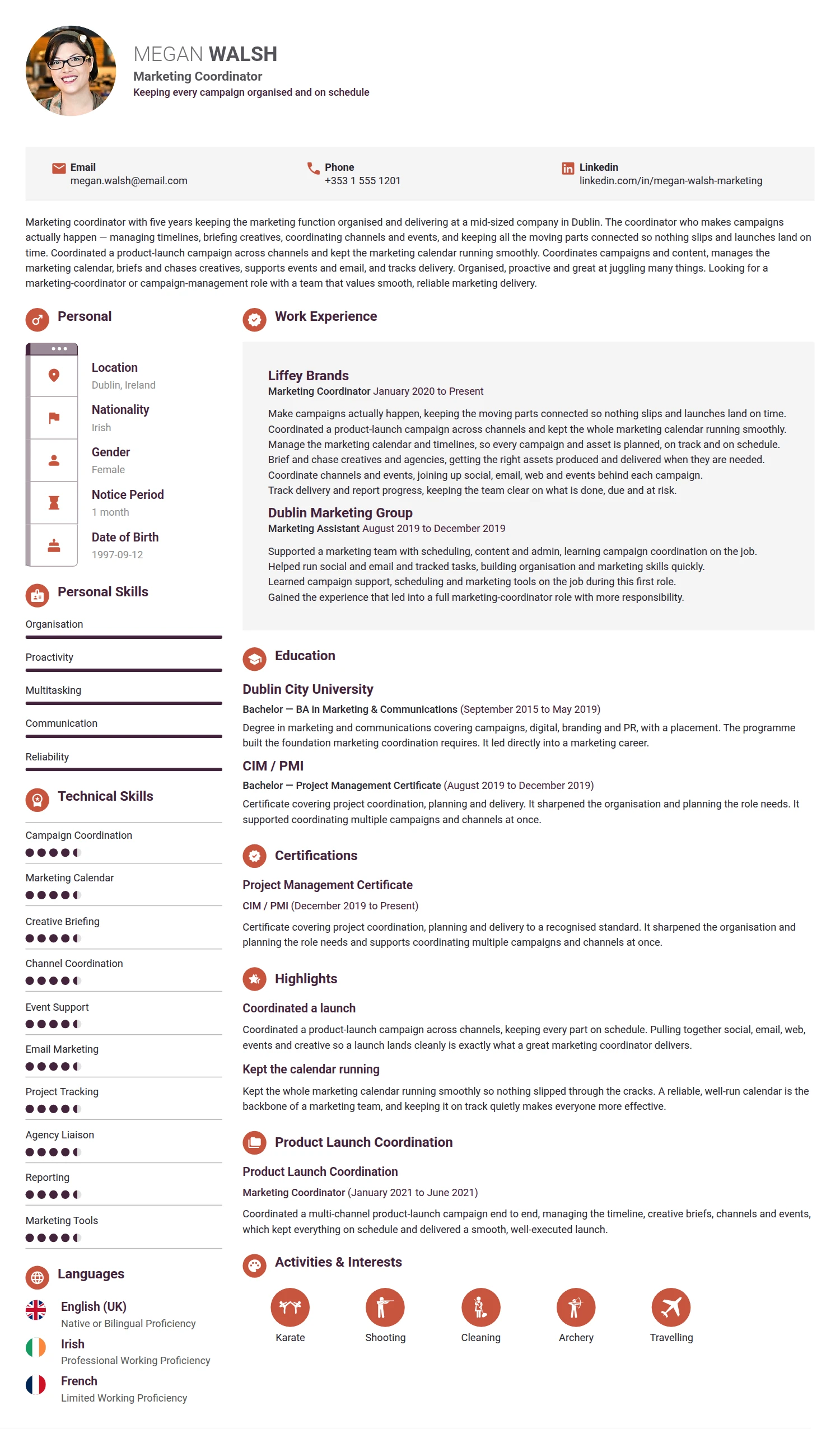 Marketing Coordinator resume example — a professionally formatted Advertising/Marketing/PR CV sample