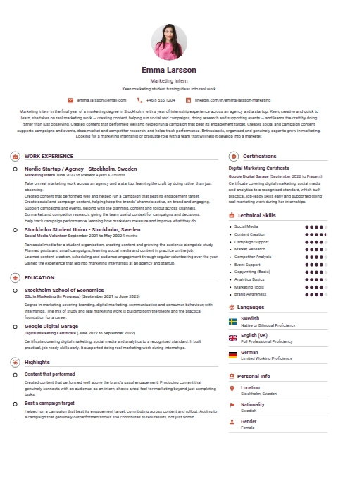 Marketing Intern resume example