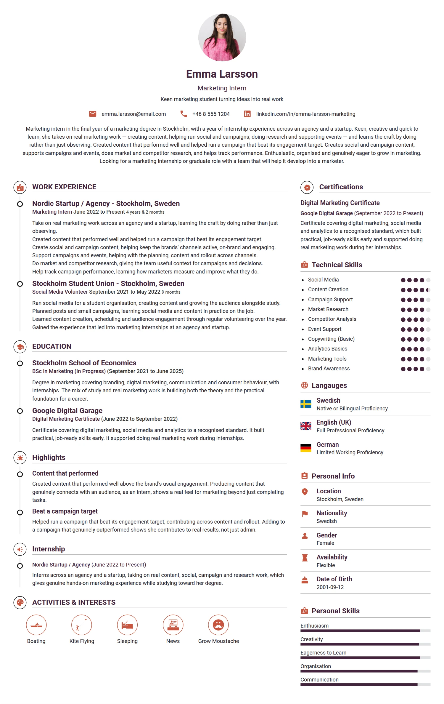 Marketing Intern resume example — a professionally formatted Advertising/Marketing/PR CV sample