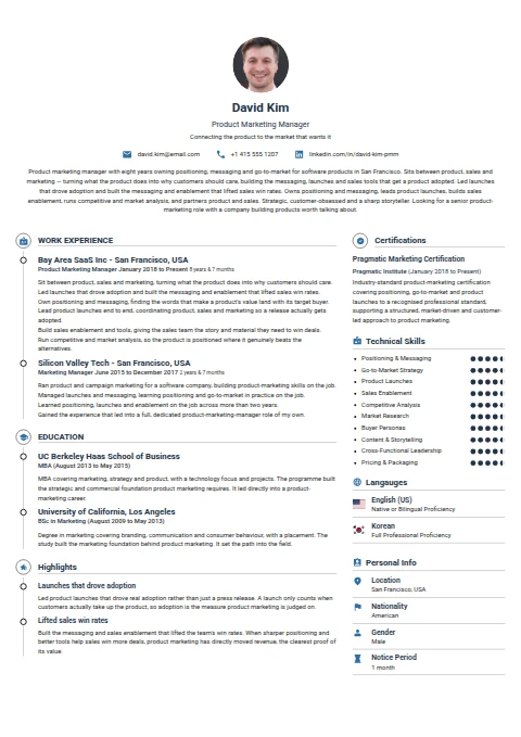 Marketing Product Manager resume example