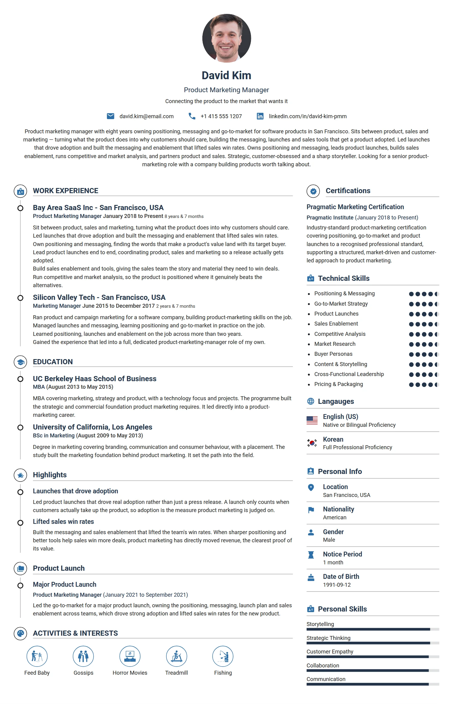 Marketing Product Manager resume example — a professionally formatted Advertising/Marketing/PR CV sample
