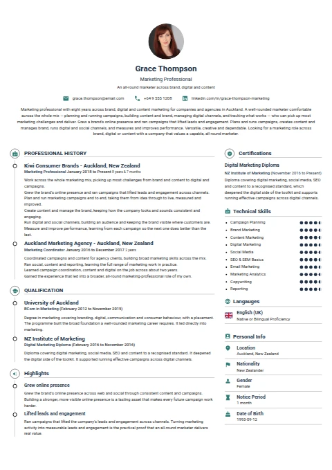Marketing Professional resume example