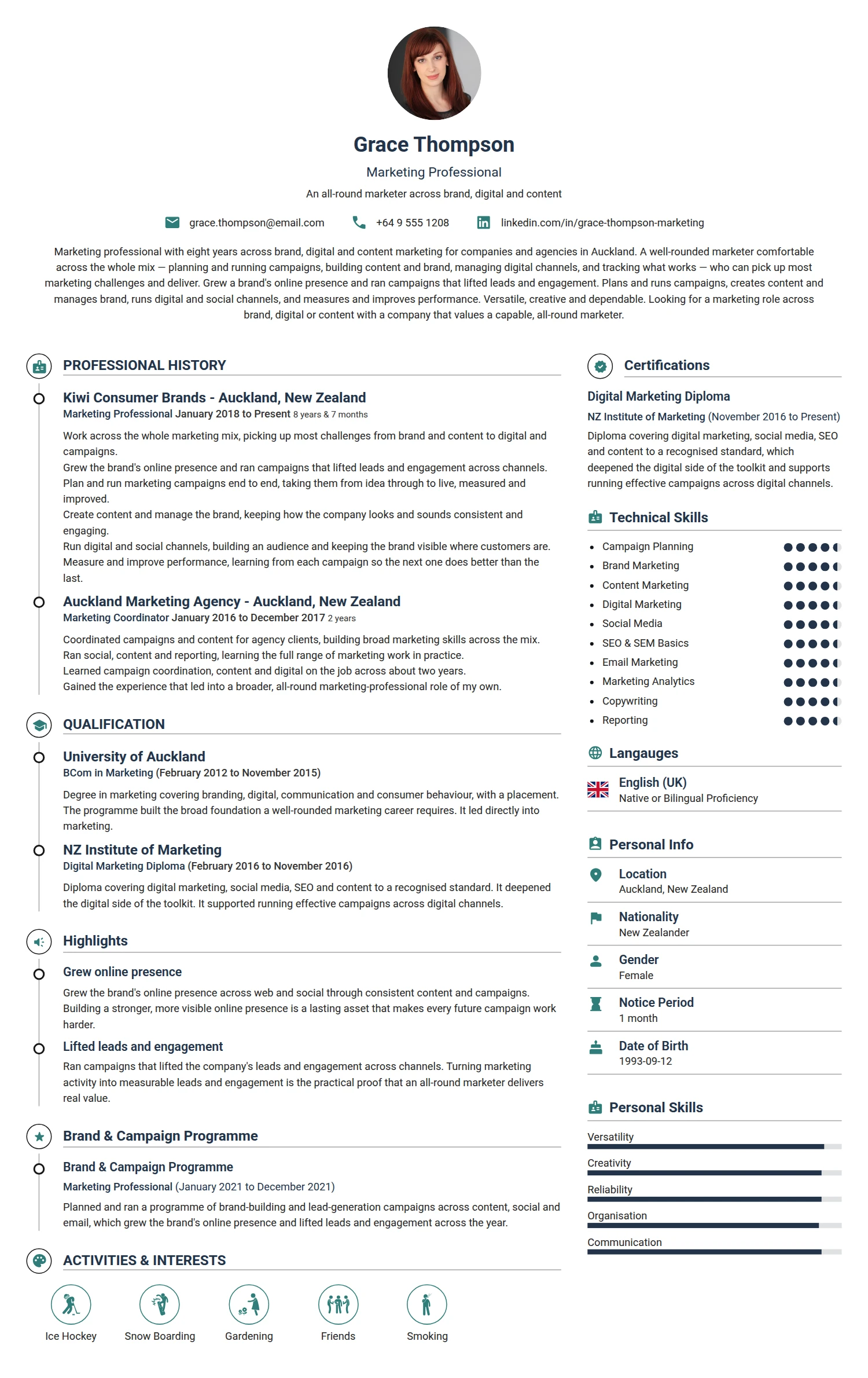 Marketing Professional resume example — a professionally formatted Advertising/Marketing/PR CV sample
