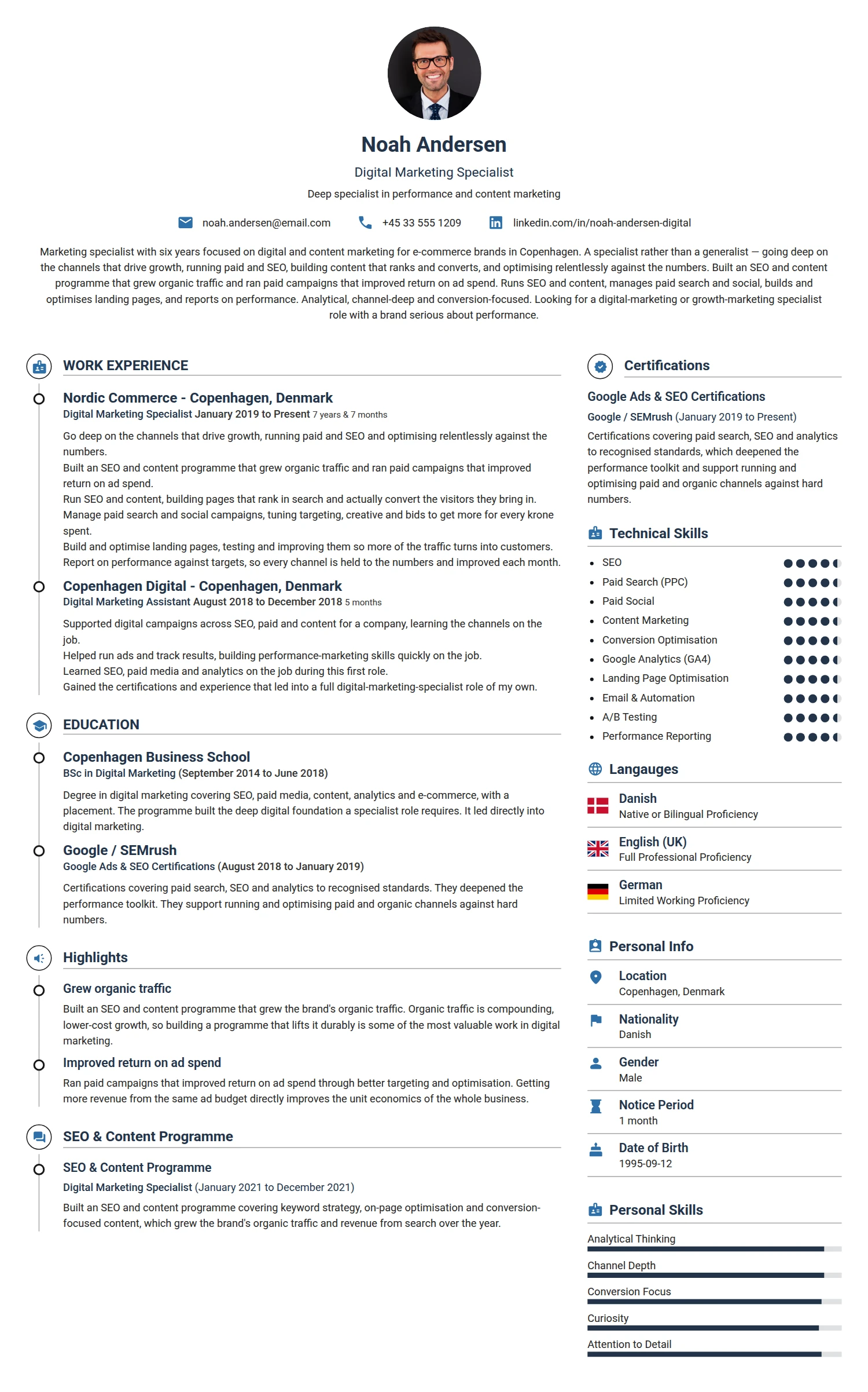 Marketing Specialist resume example — a professionally formatted Advertising/Marketing/PR CV sample