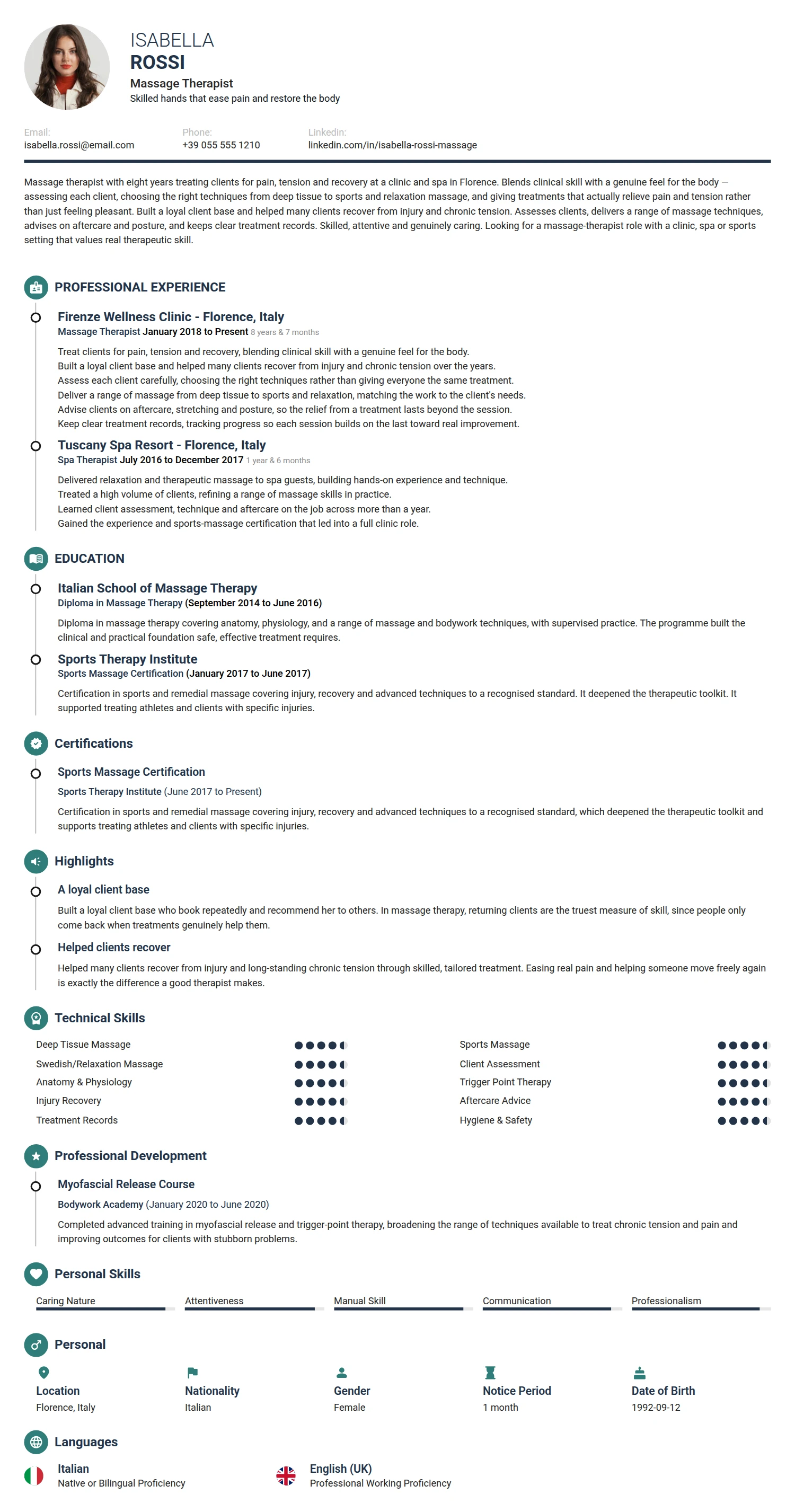 Massage Therapist resume example — a professionally formatted Medical & Healthcare CV sample