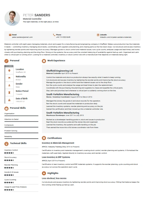 Material Controller resume example — a professionally formatted Logistics/Supply Chain CV sample