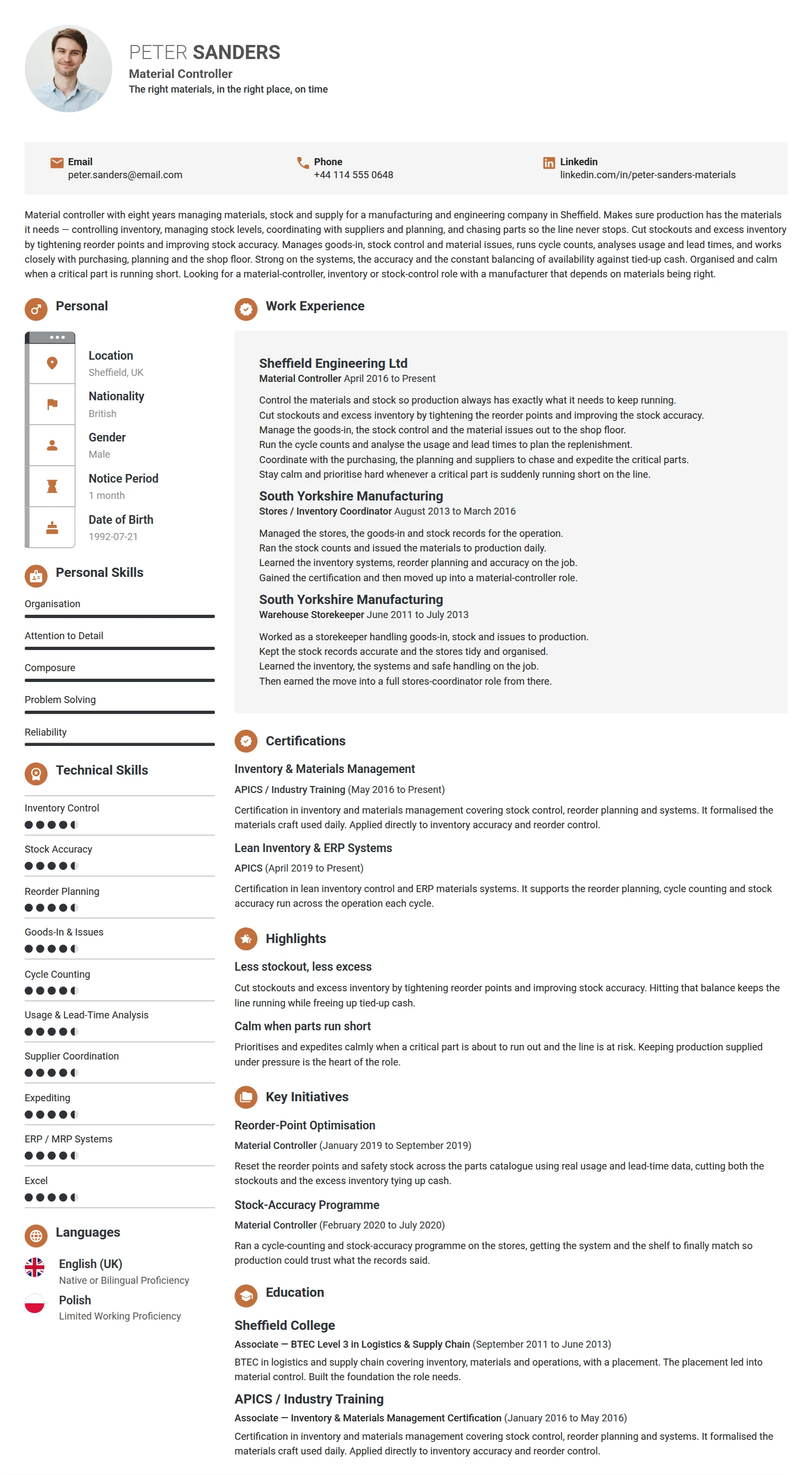 Material Controller resume example — a professionally formatted Logistics/Supply Chain CV sample