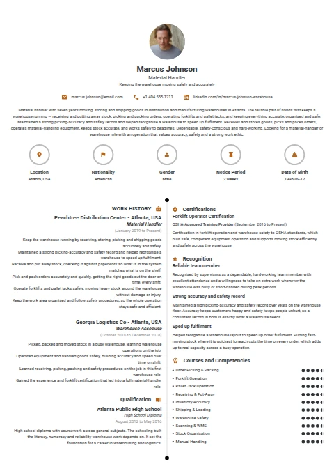 Material Handler resume example