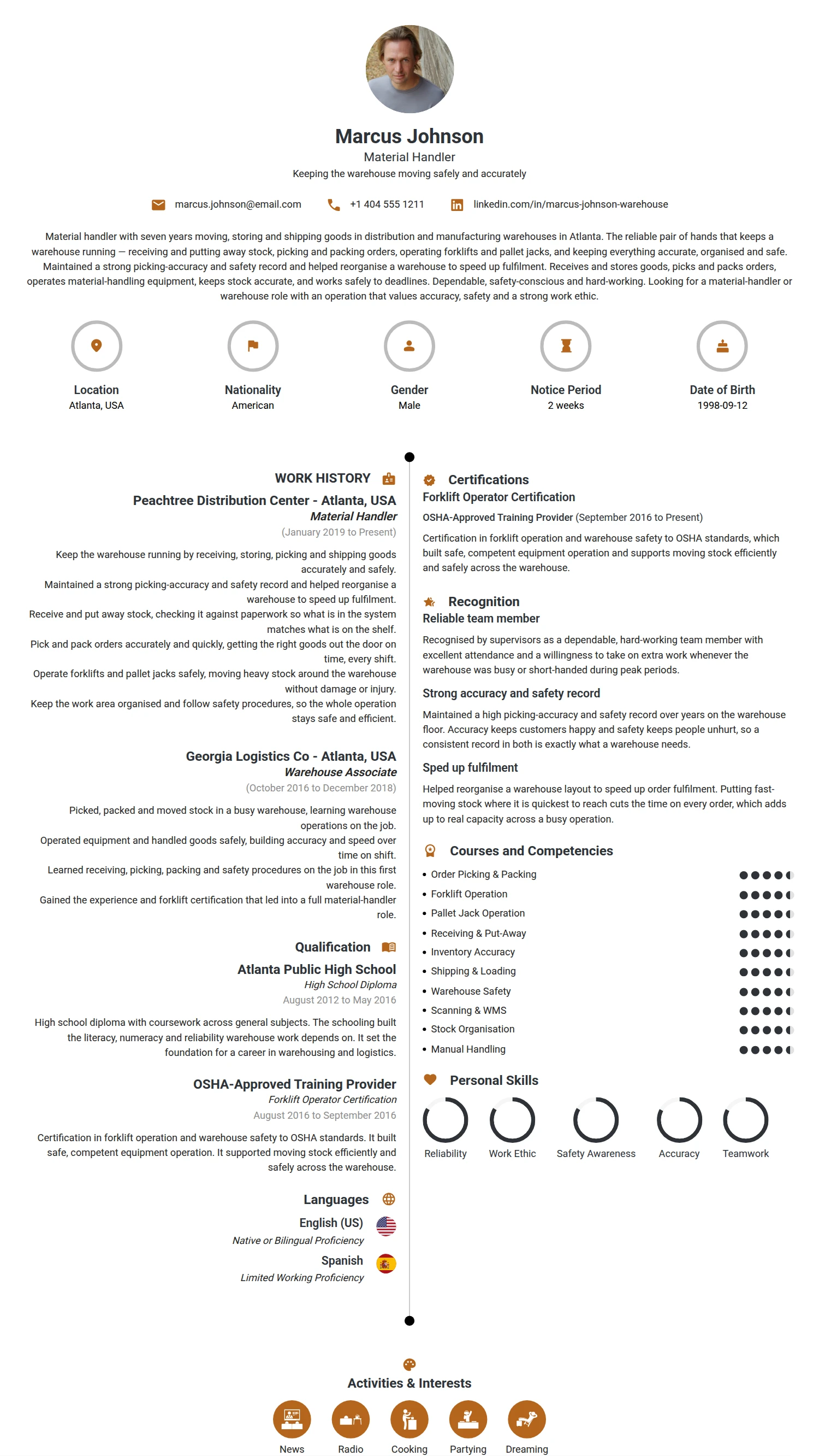 Material Handler resume example — a professionally formatted Logistics/Supply Chain CV sample
