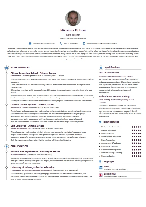 Math Teacher resume example