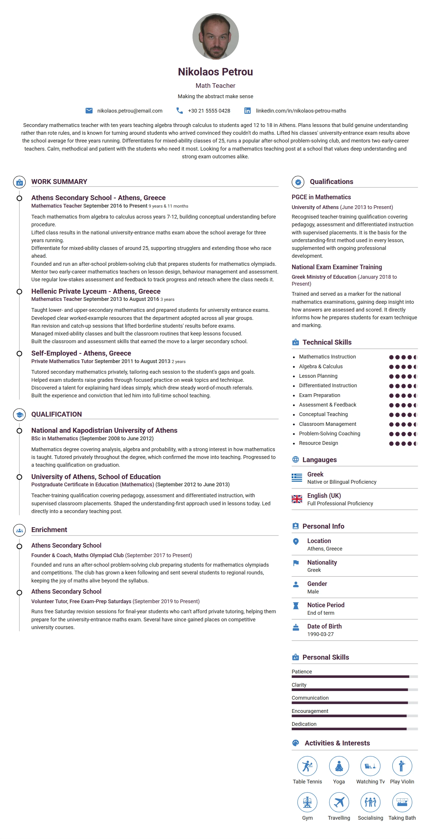 Math Teacher resume example — a professionally formatted Education CV sample