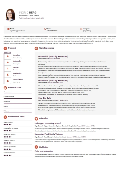 McDonald's Crew Trainer resume example — a professionally formatted Human Resources CV sample