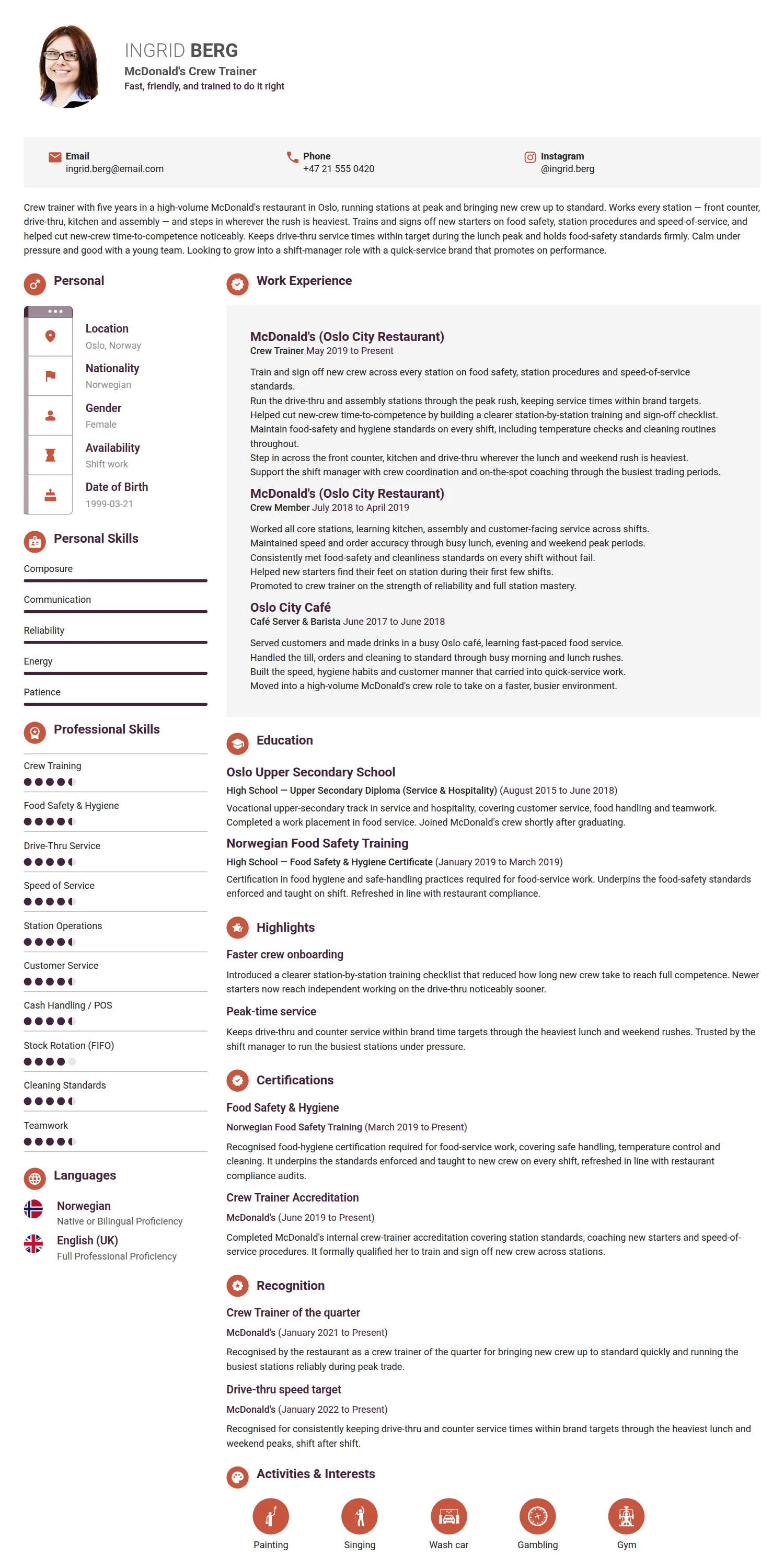 McDonald's Crew Trainer resume example — a professionally formatted Human Resources CV sample