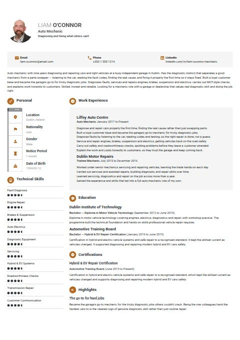 Mechanic resume example