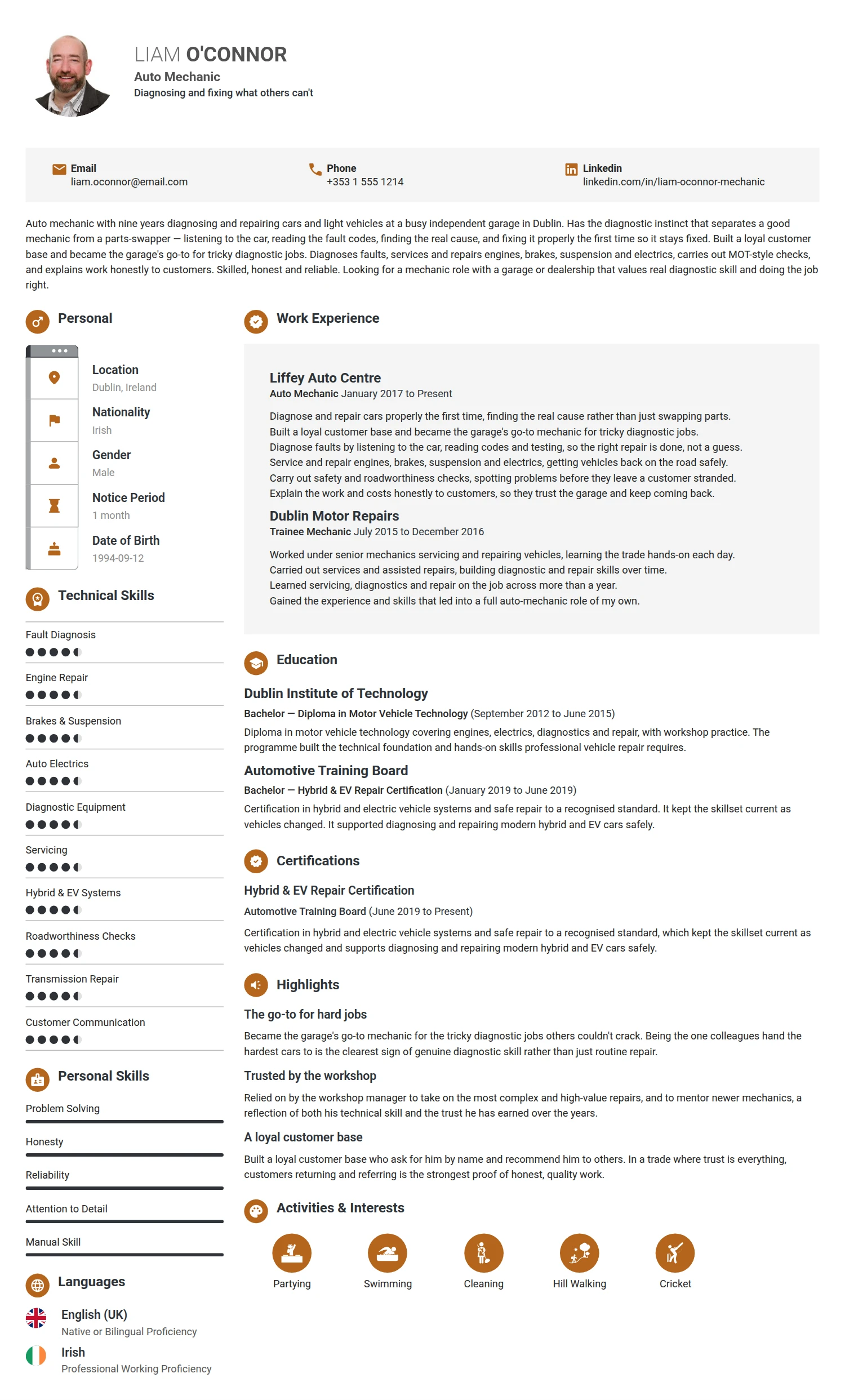 Mechanic resume example — a professionally formatted Maintenance/Repair CV sample
