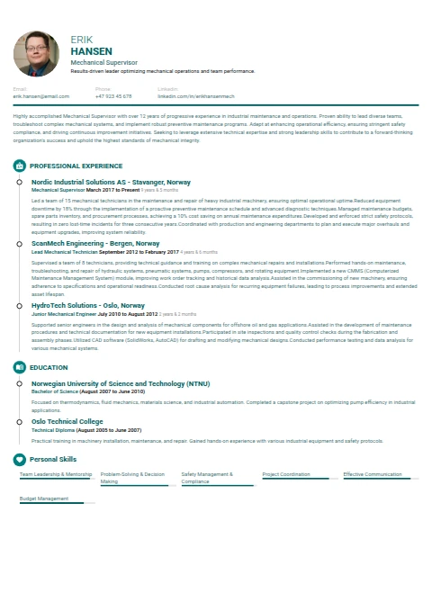 Mechanical Supervisor resume example — a professionally formatted Engineering CV sample