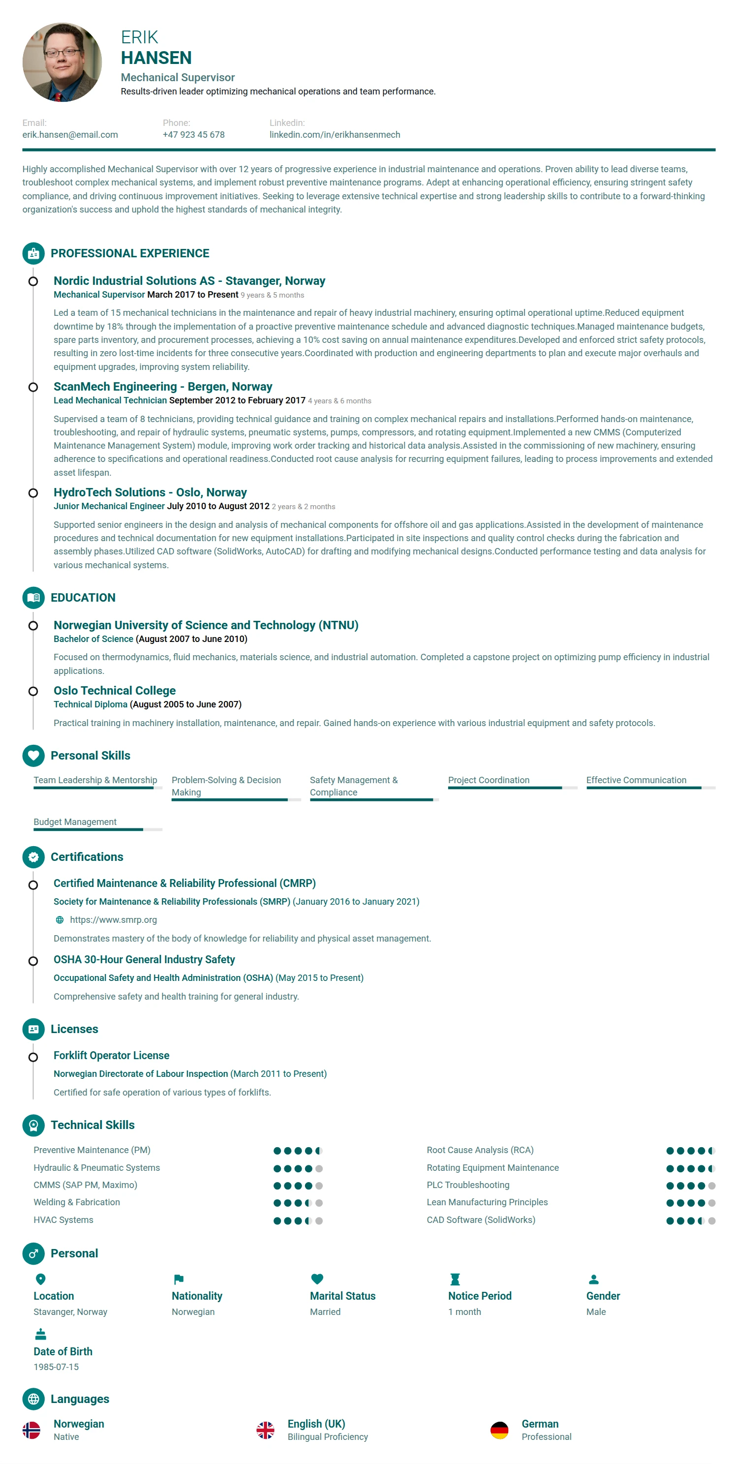 Mechanical Supervisor resume example — a professionally formatted Engineering CV sample