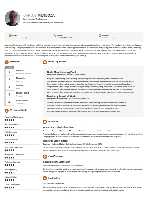 Mechanical Technician resume example