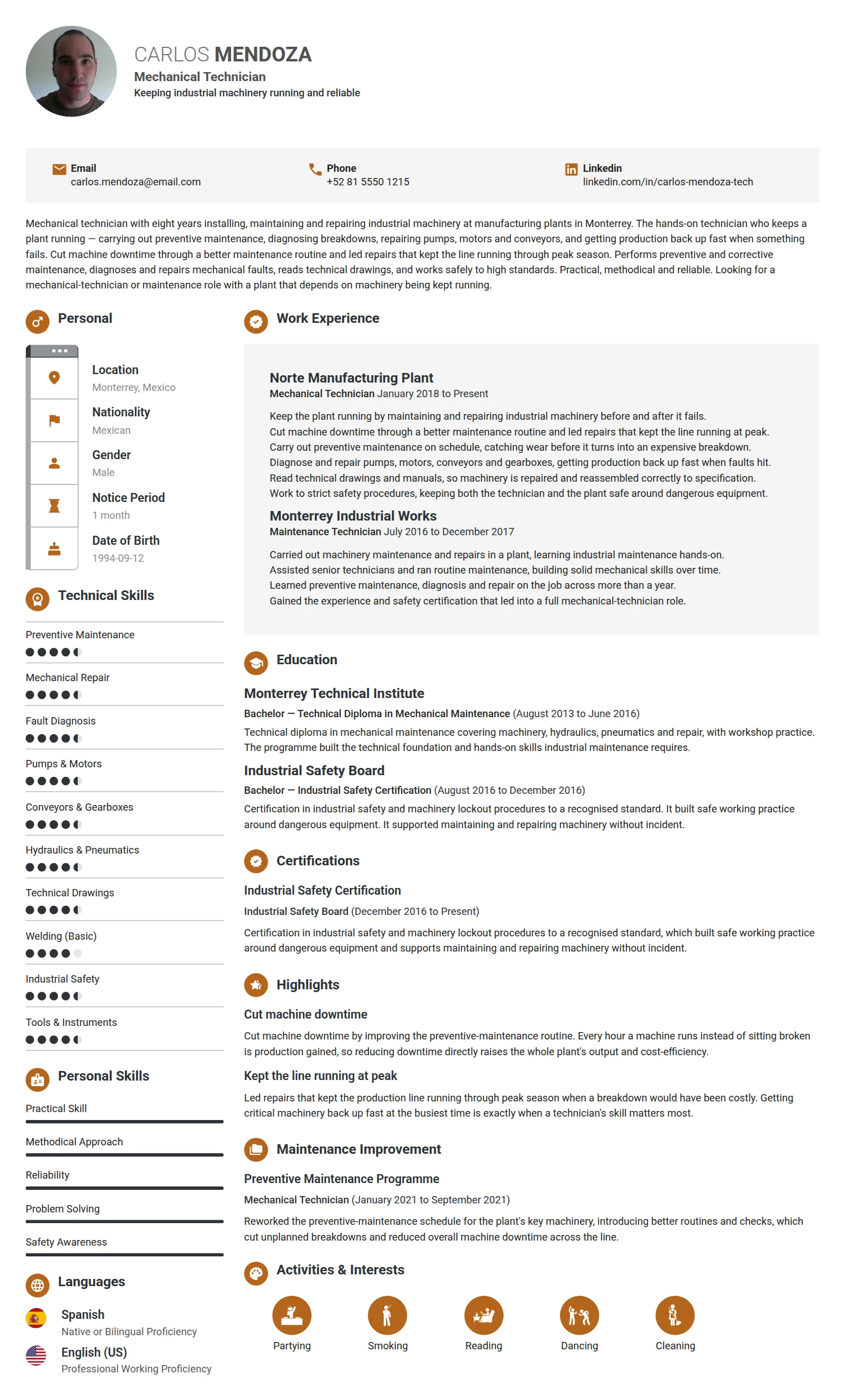 Mechanical Technician resume example — a professionally formatted Maintenance/Repair CV sample