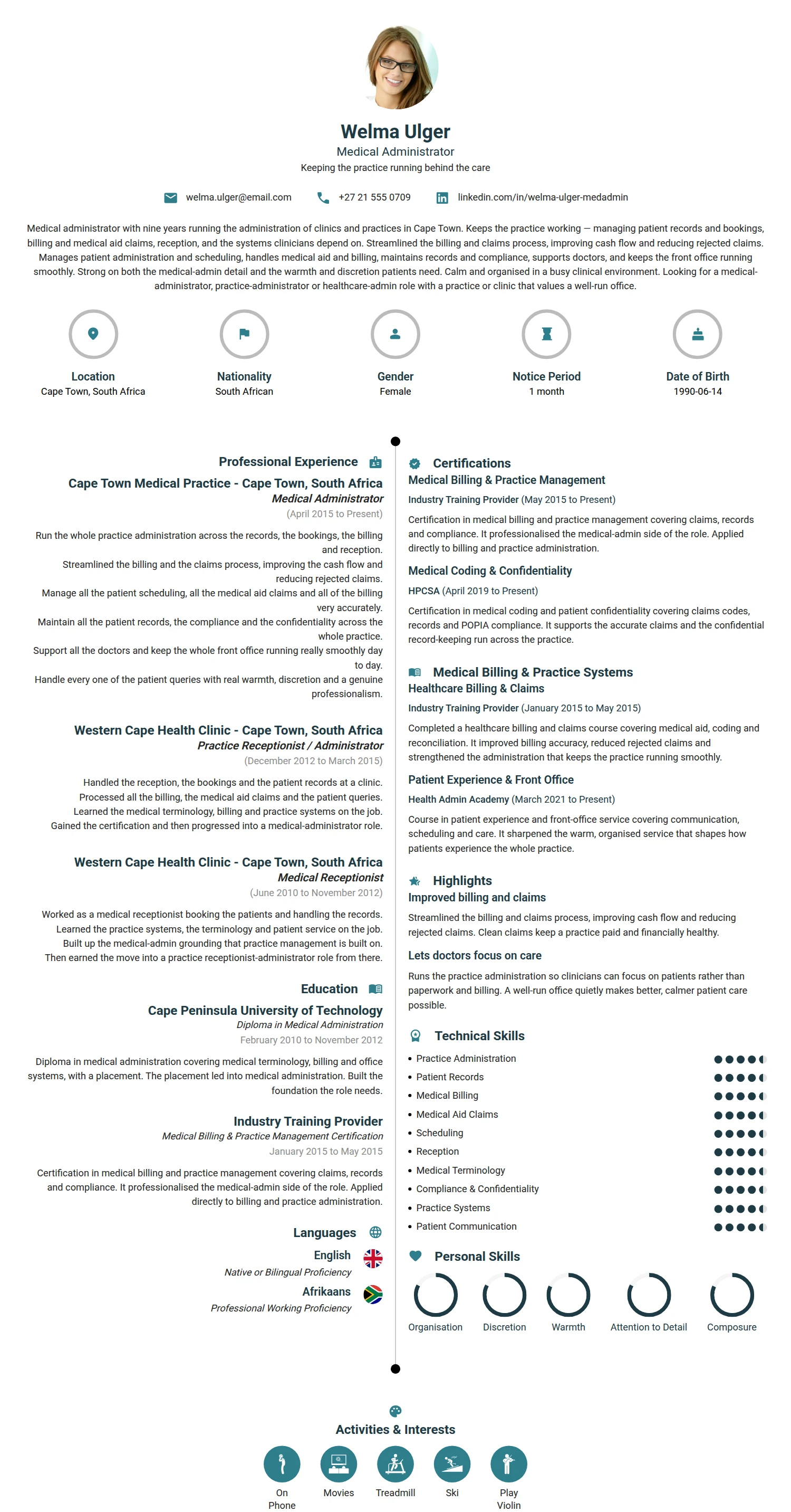 Medical Administrator resume example — a professionally formatted Medical & Healthcare CV sample