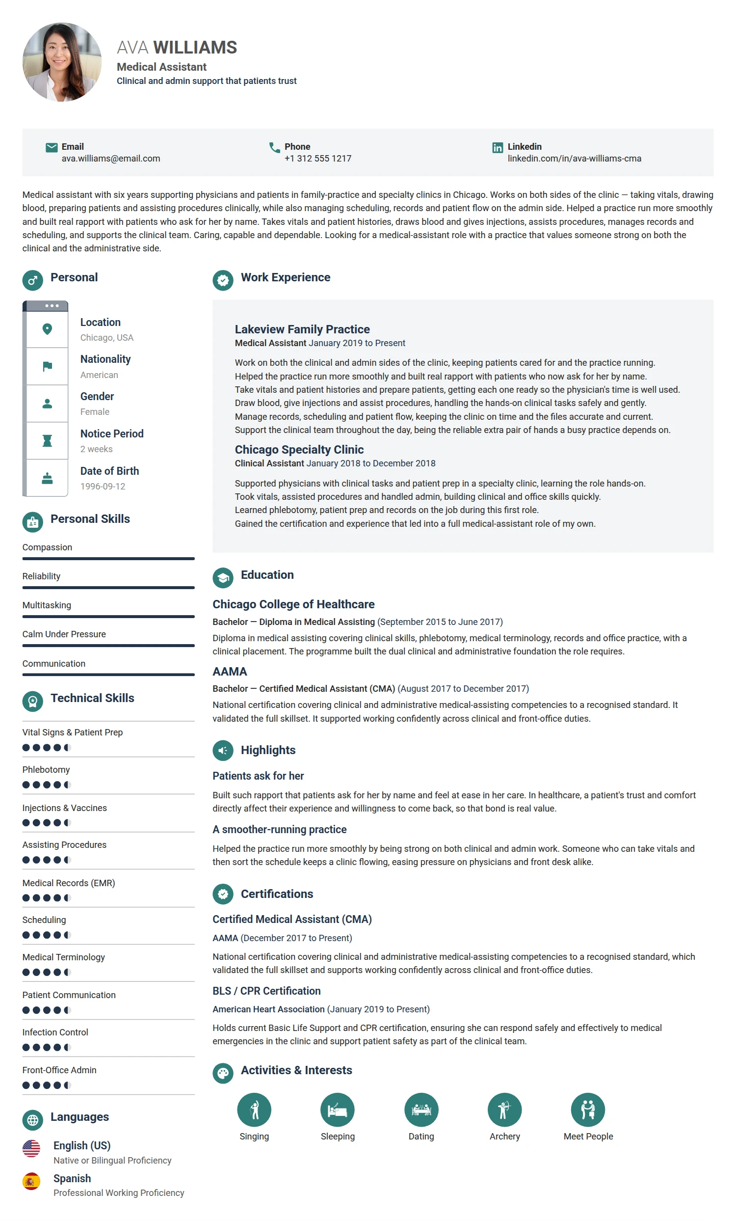 Medical Assistant resume example — a professionally formatted Medical & Healthcare CV sample