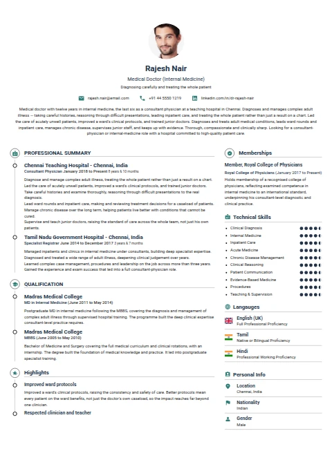 Medical Doctor resume example — a professionally formatted Medical & Healthcare CV sample