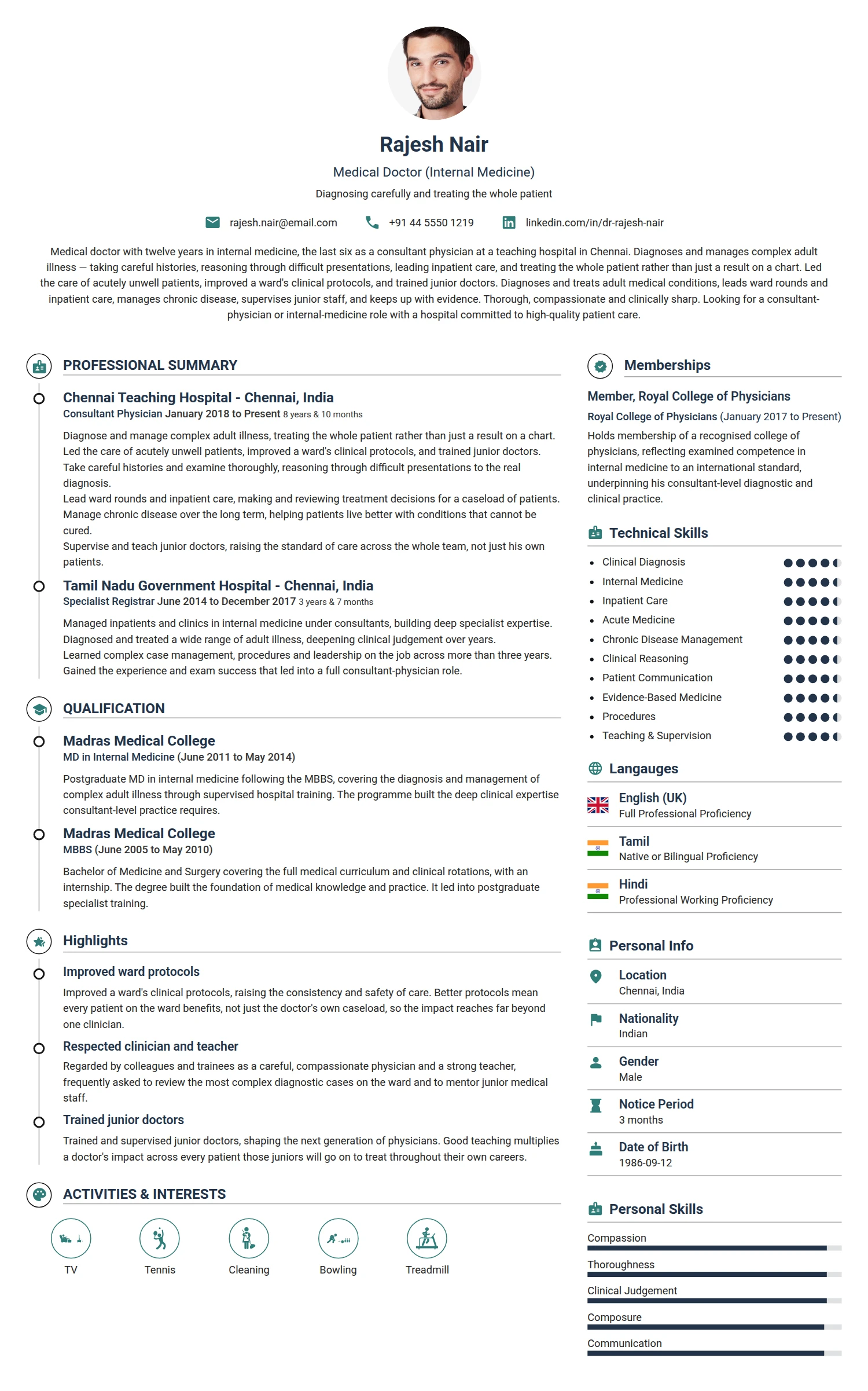 Medical Doctor resume example — a professionally formatted Medical & Healthcare CV sample