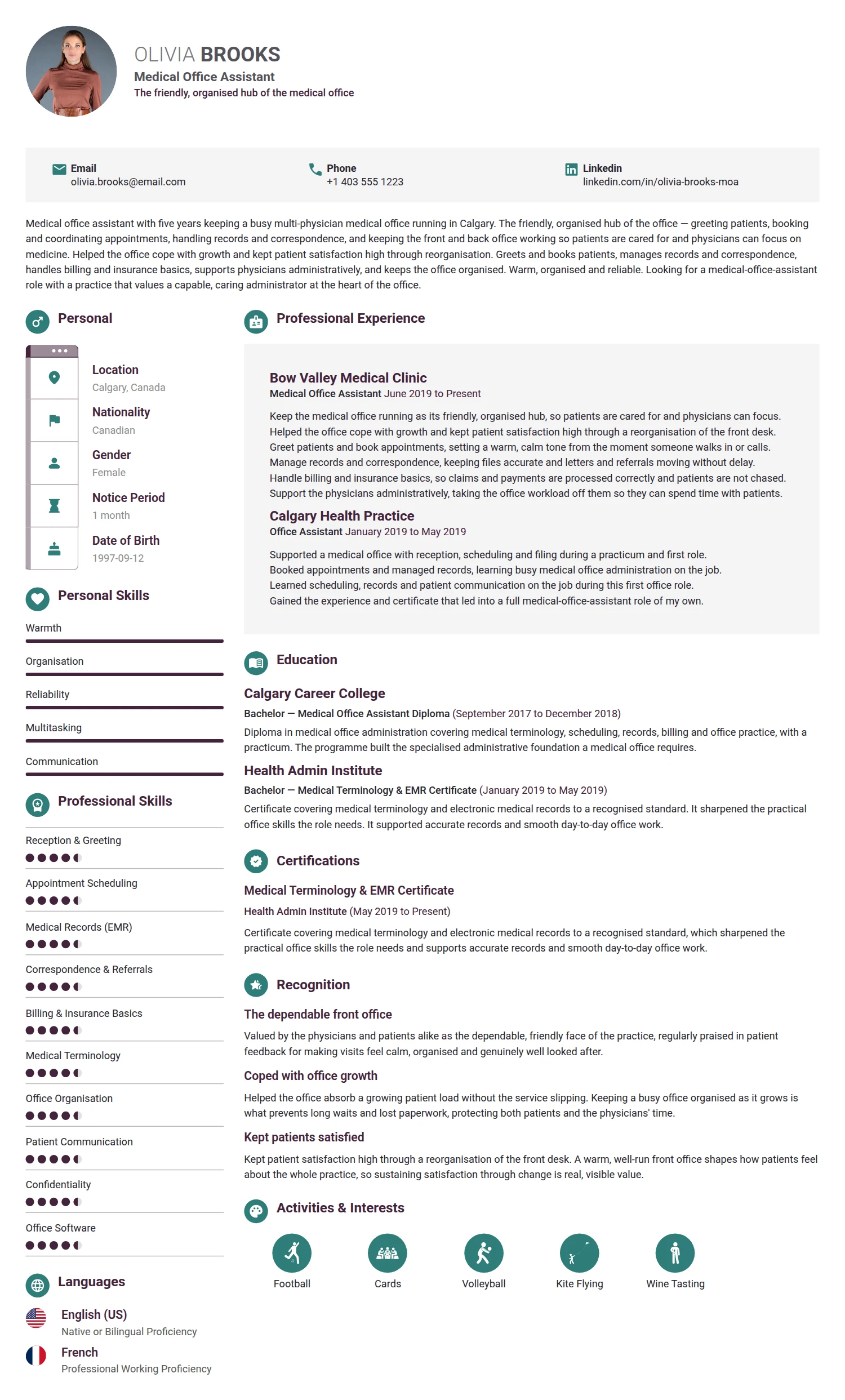 Medical Office Assistant resume example — a professionally formatted Administration CV sample