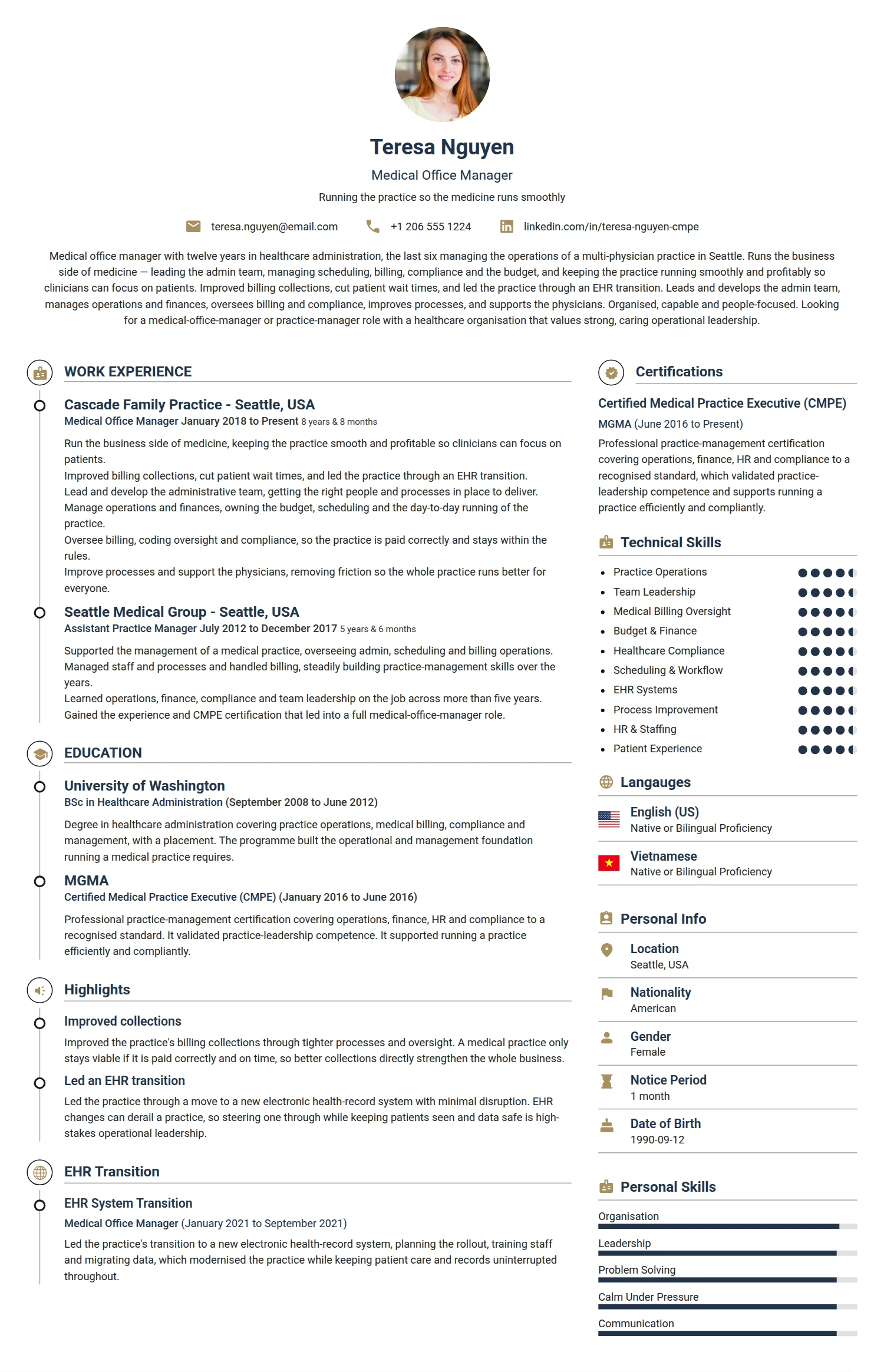 Medical Office Manager resume example — a professionally formatted Medical & Healthcare CV sample