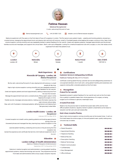 Medical Receptionist resume example
