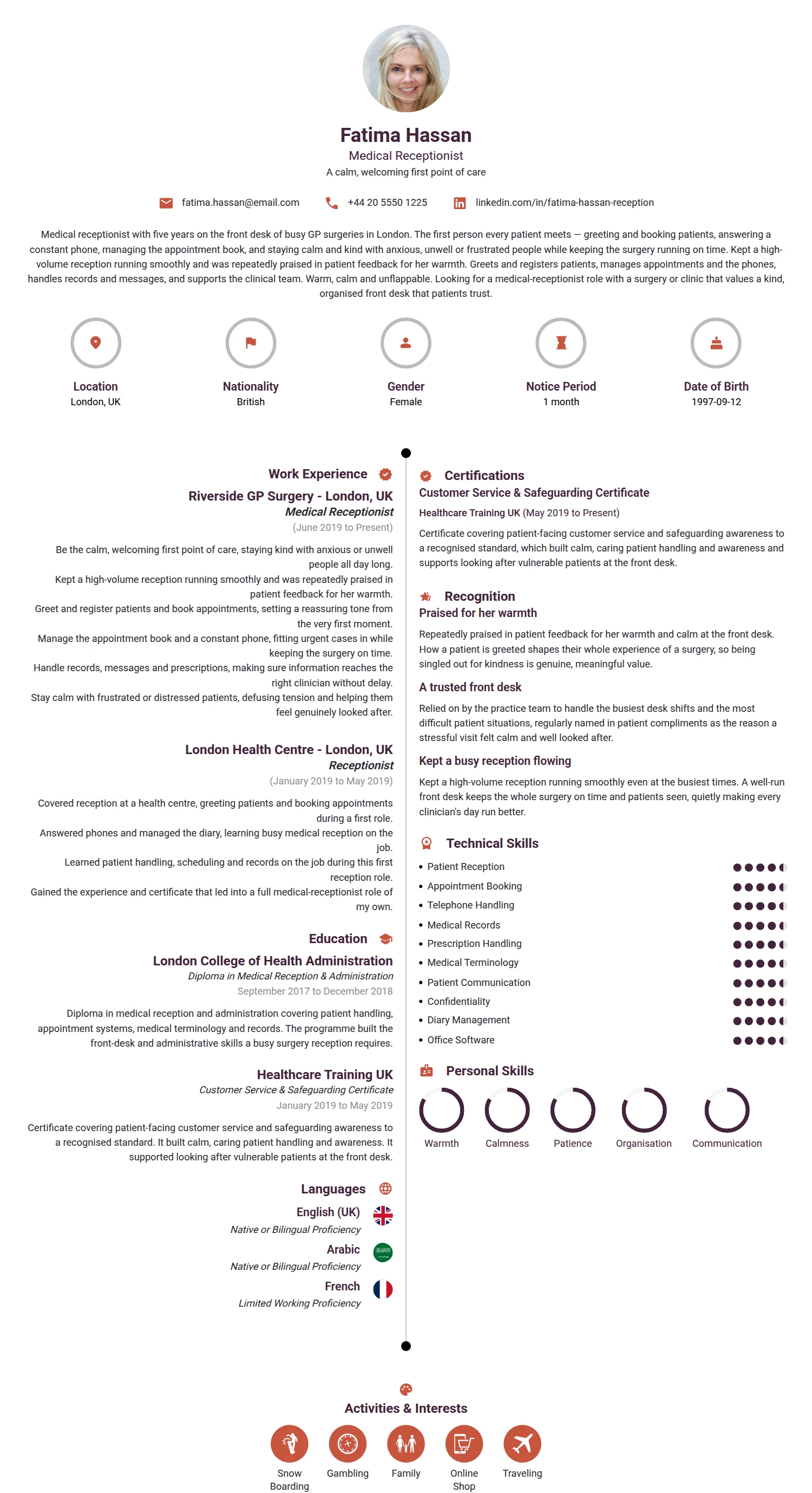 Medical Receptionist resume example — a professionally formatted Medical & Healthcare CV sample