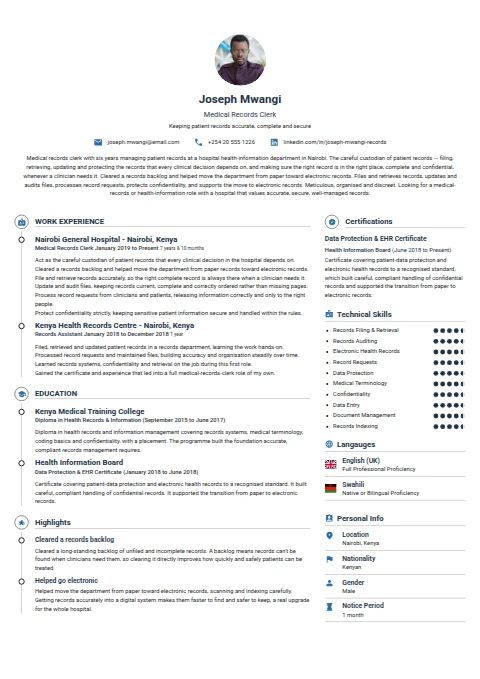 Medical record Clerk resume example