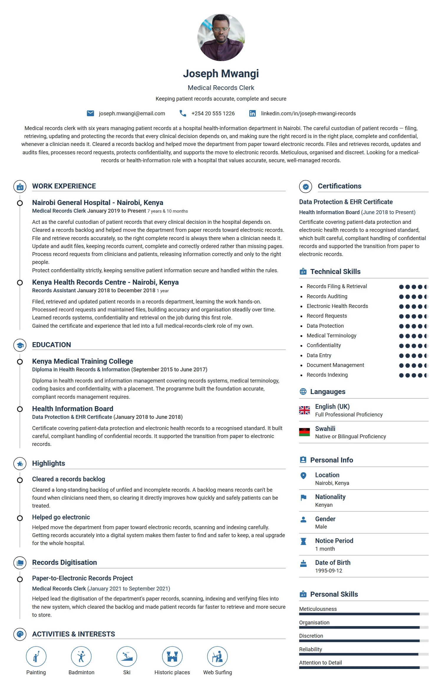 Medical record Clerk resume example — a professionally formatted Administration CV sample