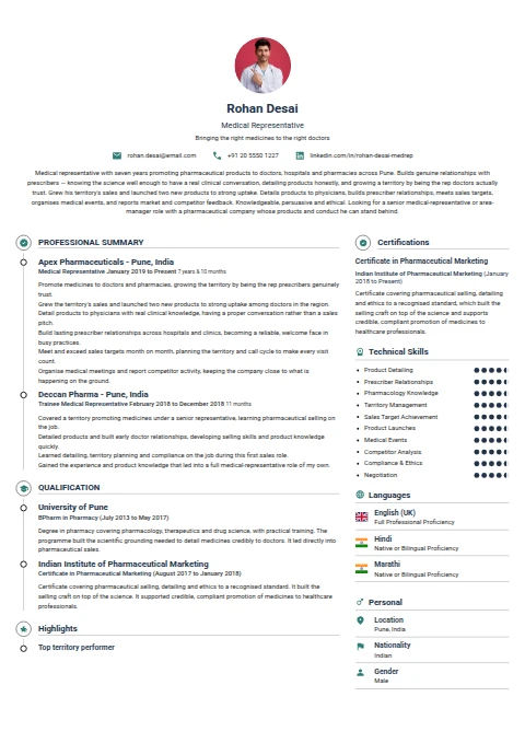 Medical Representative resume example — a professionally formatted Medical & Healthcare CV sample