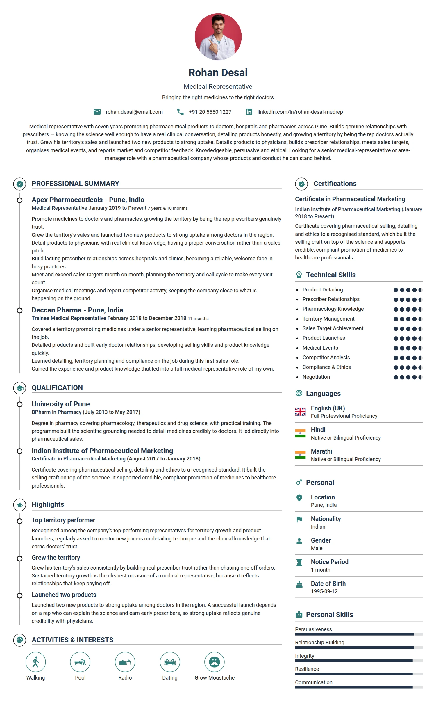 Medical Representative resume example — a professionally formatted Medical & Healthcare CV sample