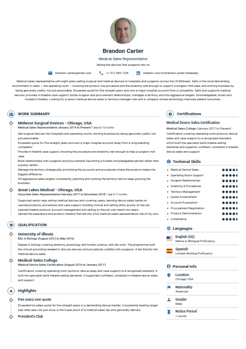 Medical Sales Representative resume example — a professionally formatted Medical & Healthcare CV sample